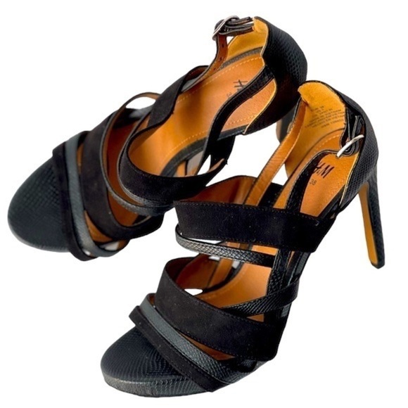 H&M Strappy Black Leather Sandals Stiletto Platform Heels, Sz 7 - Picture 1 of 13